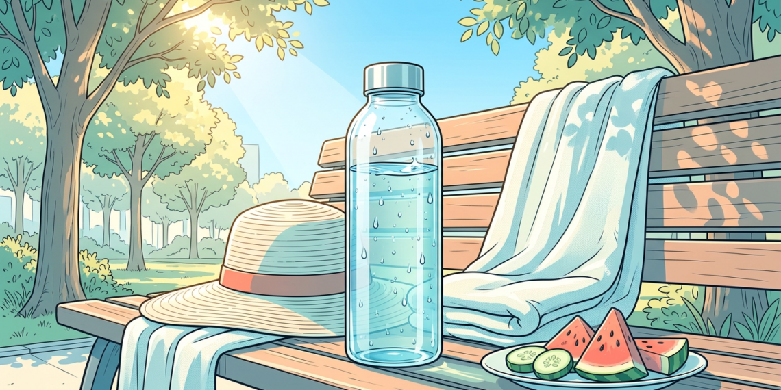 Botella de agua fría con condensación, un sombrero de paja, una toalla y un plato con sandía y pepino sobre un banco de madera en un parque soleado.