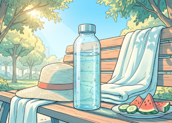 Botella de agua fría con condensación, un sombrero de paja, una toalla y un plato con sandía y pepino sobre un banco de madera en un parque soleado.