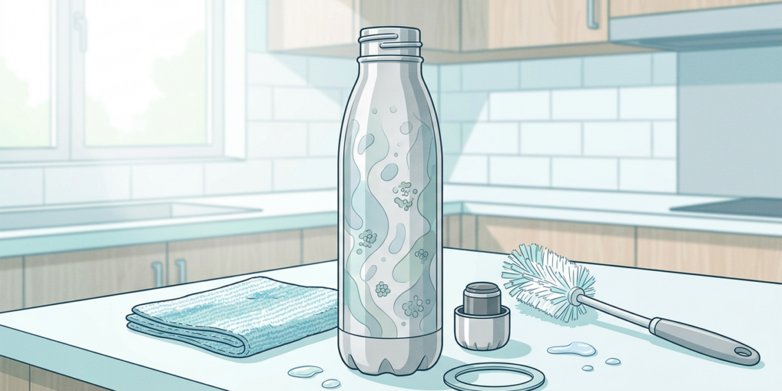 Botella de agua transparente desarmada junto a un cepillo de limpieza y un paño sobre una encimera de cocina.