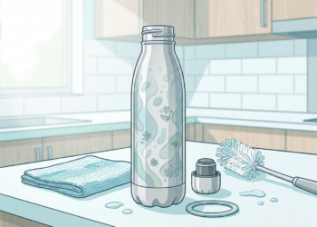Botella de agua transparente desarmada junto a un cepillo de limpieza y un paño sobre una encimera de cocina.