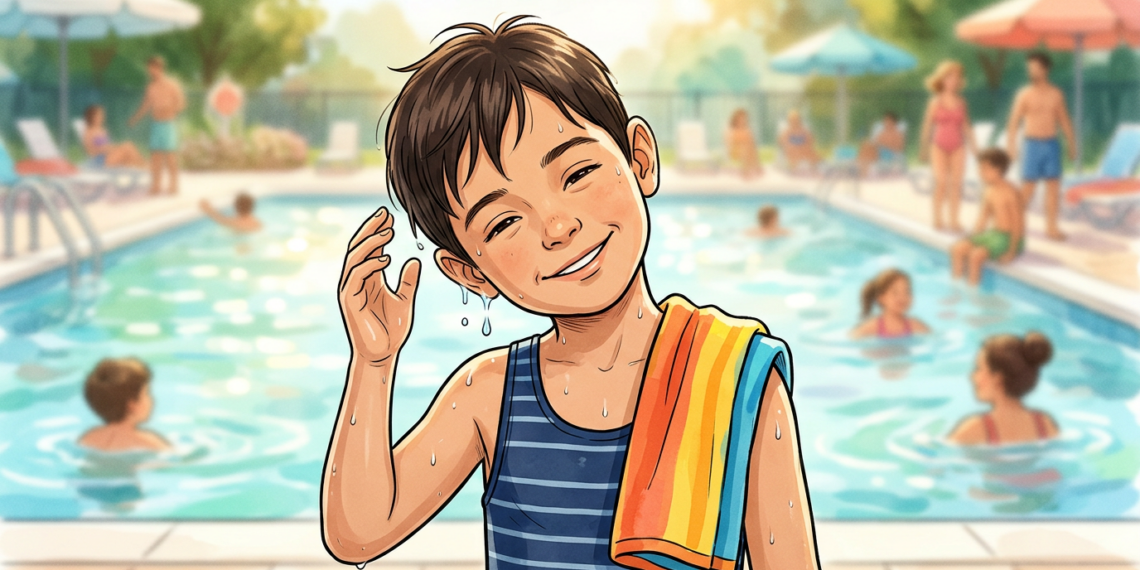 Niño mojado saliendo de una piscina y tocándose la oreja, con gotas de agua escurriendo.