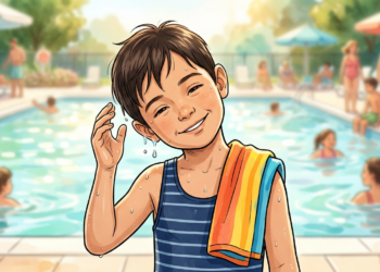 Niño mojado saliendo de una piscina y tocándose la oreja, con gotas de agua escurriendo.