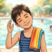 Niño mojado saliendo de una piscina y tocándose la oreja, con gotas de agua escurriendo.