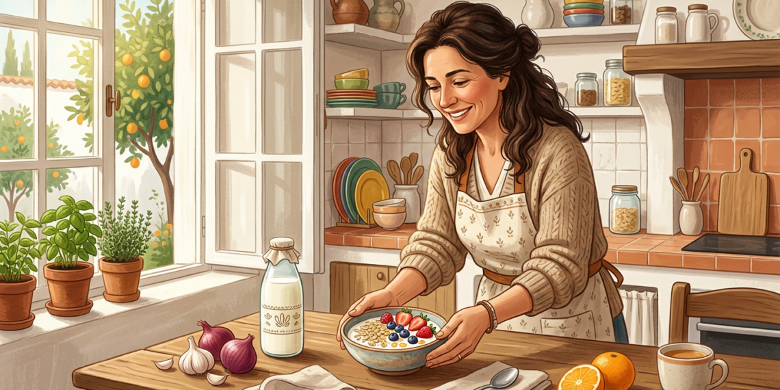 Ilustración de una mujer sonriente en una cocina rústica preparando un tazón de yogur con frutas y avena, rodeada de ingredientes naturales.