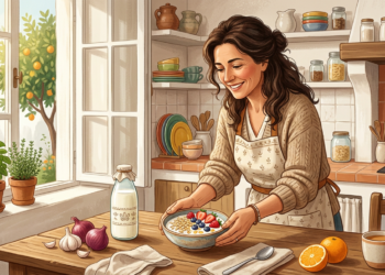 Ilustración de una mujer sonriente en una cocina rústica preparando un tazón de yogur con frutas y avena, rodeada de ingredientes naturales.