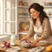 Ilustración de una mujer sonriente en una cocina rústica preparando un tazón de yogur con frutas y avena, rodeada de ingredientes naturales.