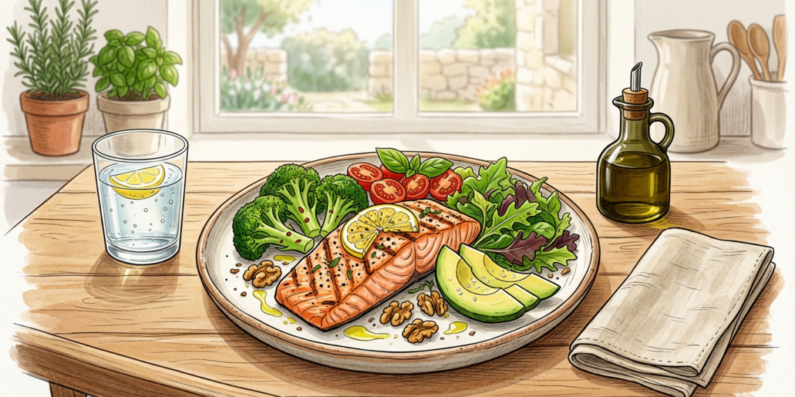 Ilustración de un plato nutritivo con salmón a la parrilla, vegetales frescos, aguacate y nueces sobre una mesa de madera frente a una ventana, representando una dieta saludable para el corazón.
