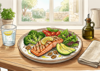 Ilustración de un plato nutritivo con salmón a la parrilla, vegetales frescos, aguacate y nueces sobre una mesa de madera frente a una ventana, representando una dieta saludable para el corazón.