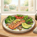 Ilustración de un plato nutritivo con salmón a la parrilla, vegetales frescos, aguacate y nueces sobre una mesa de madera frente a una ventana, representando una dieta saludable para el corazón.