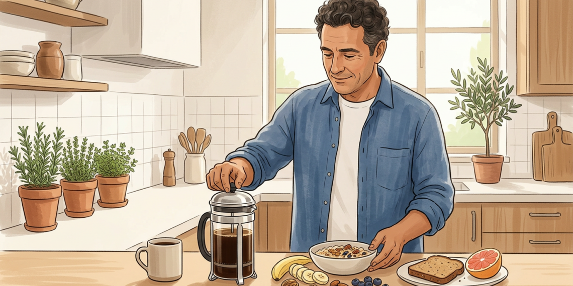 Ilustración de un hombre preparando café con una prensa francesa junto a un desayuno saludable en una cocina muy luminosa.