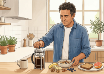 Ilustración de un hombre preparando café con una prensa francesa junto a un desayuno saludable en una cocina muy luminosa.