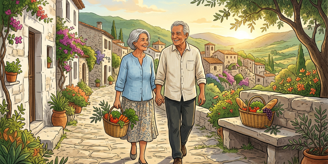 Pareja de ancianos sonrientes caminando de la mano por un pintoresco pueblo mediterráneo, llevando una cesta con alimentos frescos y saludables.