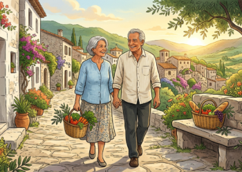 Pareja de ancianos sonrientes caminando de la mano por un pintoresco pueblo mediterráneo, llevando una cesta con alimentos frescos y saludables.