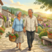Pareja de ancianos sonrientes caminando de la mano por un pintoresco pueblo mediterráneo, llevando una cesta con alimentos frescos y saludables.