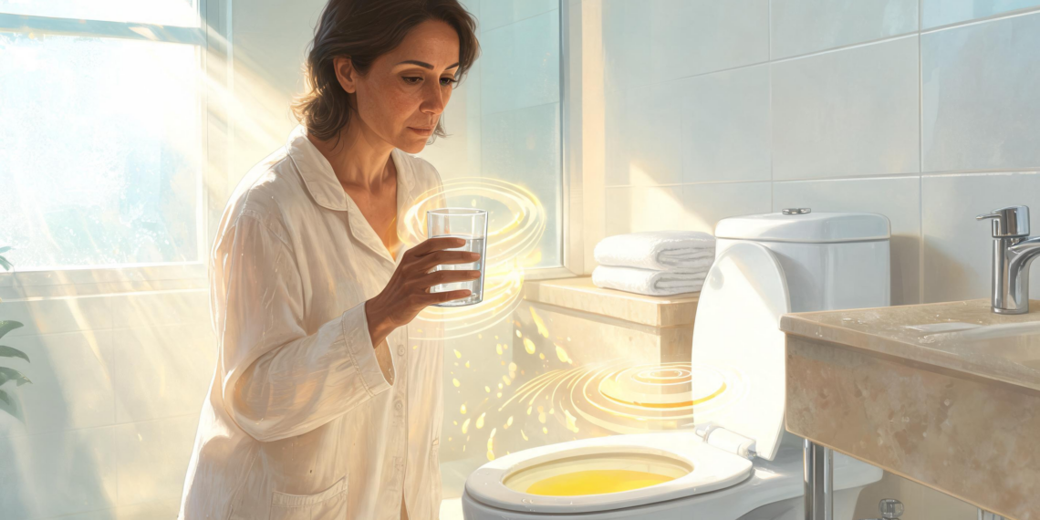 Mujer sosteniendo un vaso de agua en un baño, observando los efectos de la hidratación representados por destellos dorados que conectan el agua con el inodoro.