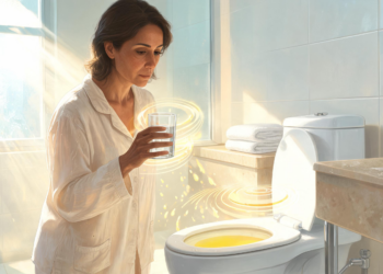 Mujer sosteniendo un vaso de agua en un baño, observando los efectos de la hidratación representados por destellos dorados que conectan el agua con el inodoro.