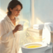 Mujer sosteniendo un vaso de agua en un baño, observando los efectos de la hidratación representados por destellos dorados que conectan el agua con el inodoro.