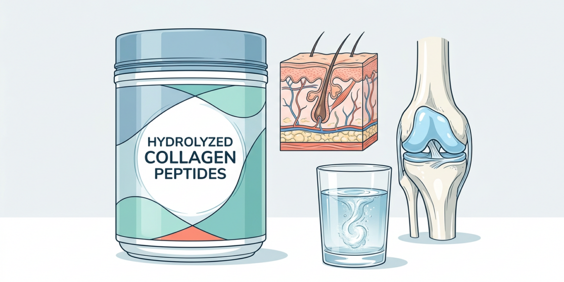 Envase de péptidos de colágeno hidrolizado junto a un diagrama de la piel, una articulación de rodilla y un vaso de agua.