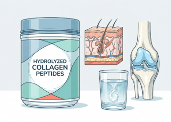 Envase de péptidos de colágeno hidrolizado junto a un diagrama de la piel, una articulación de rodilla y un vaso de agua.