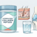 Envase de péptidos de colágeno hidrolizado junto a un diagrama de la piel, una articulación de rodilla y un vaso de agua.