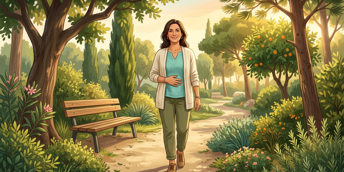 Ilustración de una mujer sonriente caminando por un sendero en un parque arbolado mientras se toca suavemente el abdomen.