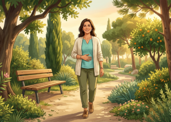 Ilustración de una mujer sonriente caminando por un sendero en un parque arbolado mientras se toca suavemente el abdomen.