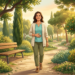 Ilustración de una mujer sonriente caminando por un sendero en un parque arbolado mientras se toca suavemente el abdomen.