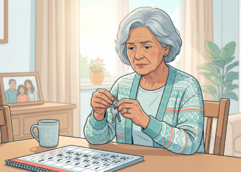 Una mujer mayor con expresión de confusión sostiene un juego de llaves, sentada ante una mesa con un calendario.