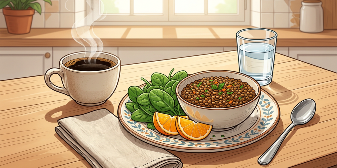 Taza de café humeante junto a un plato con lentejas, hojas de espinaca y rodajas de naranja sobre una mesa rústica.