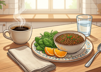 Taza de café humeante junto a un plato con lentejas, hojas de espinaca y rodajas de naranja sobre una mesa rústica.