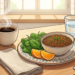 Taza de café humeante junto a un plato con lentejas, hojas de espinaca y rodajas de naranja sobre una mesa rústica.
