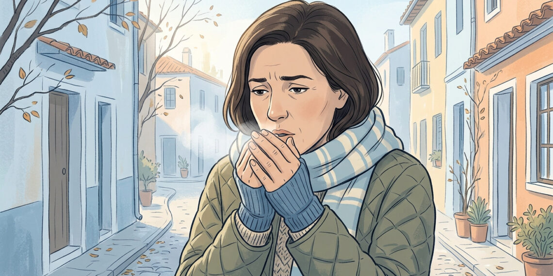 Ilustración de una mujer soplando sus manos para calentarlas en una fría calle adoquinada.