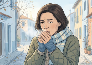 Ilustración de una mujer soplando sus manos para calentarlas en una fría calle adoquinada.