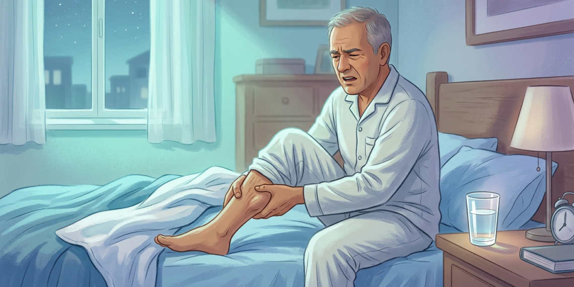 Ilustración de un hombre mayor sentado en su cama por la noche, sujetándose la pantorrilla debido a un calambre muscular.