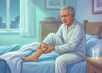 Ilustración de un hombre mayor sentado en su cama por la noche, sujetándose la pantorrilla debido a un calambre muscular.
