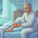 Ilustración de un hombre mayor sentado en su cama por la noche, sujetándose la pantorrilla debido a un calambre muscular.