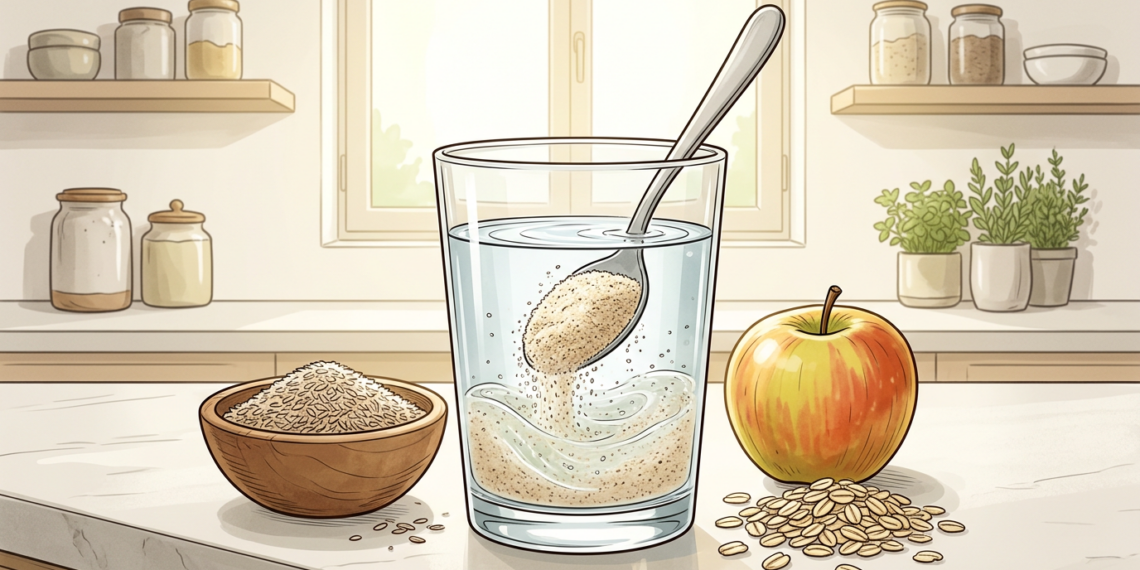 Vaso de agua en el que se mezcla polvo de psyllium con una cuchara, acompañado de un bol con fibra, una manzana y copos de avena sobre una encimera.