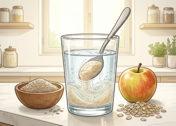 Vaso de agua en el que se mezcla polvo de psyllium con una cuchara, acompañado de un bol con fibra, una manzana y copos de avena sobre una encimera.