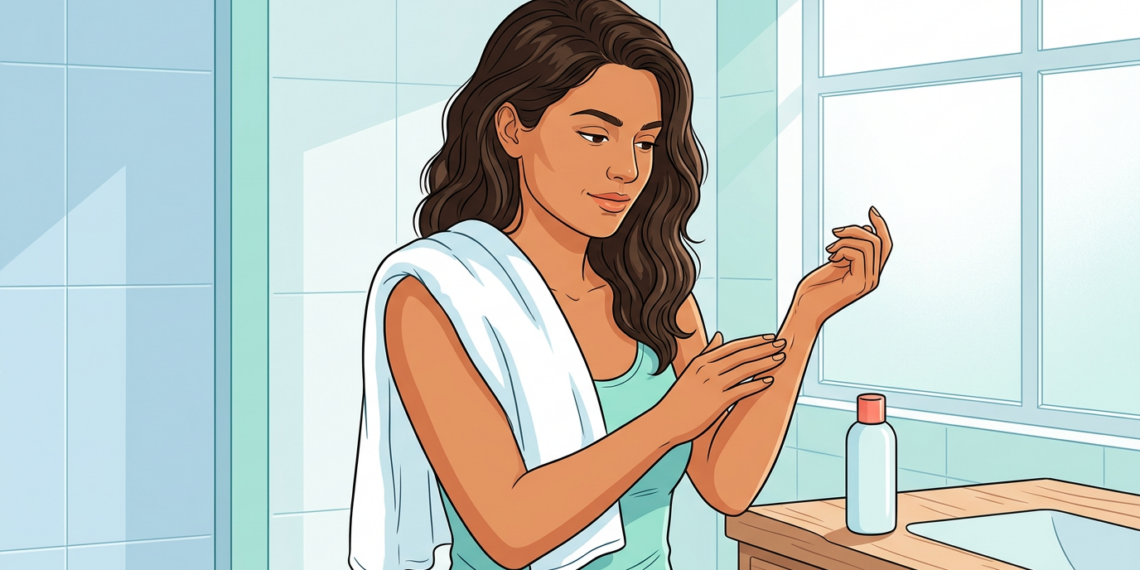 Ilustración de una mujer aplicándose crema hidratante en el brazo dentro de un baño luminoso.