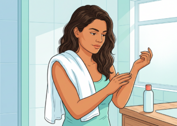 Ilustración de una mujer aplicándose crema hidratante en el brazo dentro de un baño luminoso.