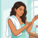 Ilustración de una mujer aplicándose crema hidratante en el brazo dentro de un baño luminoso.