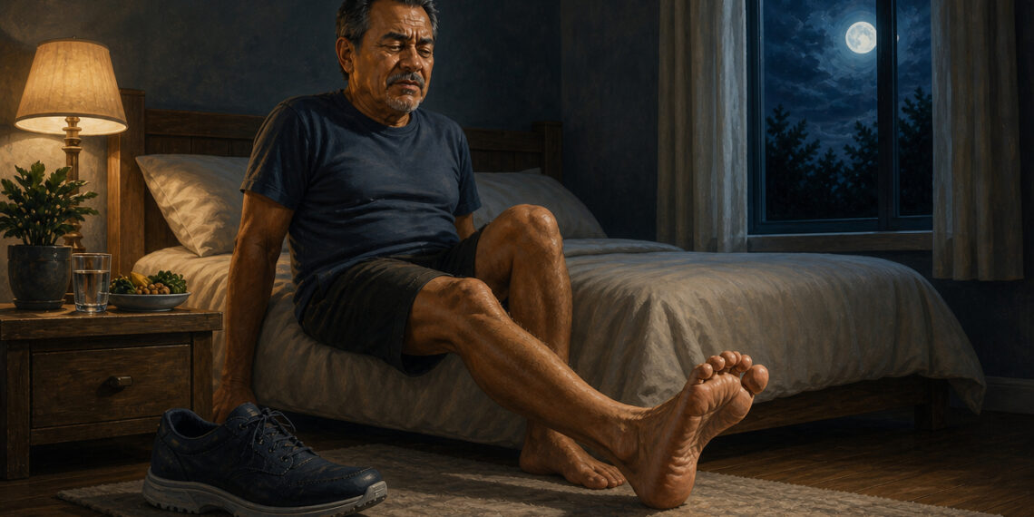 Hombre mayor sentado en la cama durante la noche estira una pierna y contrae el pie con gesto de dolor, junto a unos zapatos en el suelo.