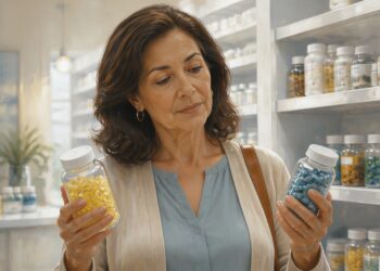 Una mujer madura en una tienda o farmacia sostiene dos frascos de suplementos, uno con cápsulas amarillas y otro con pastillas azules, evaluando opciones mientras está frente a estantes llenos de productos.