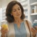 Una mujer madura en una tienda o farmacia sostiene dos frascos de suplementos, uno con cápsulas amarillas y otro con pastillas azules, evaluando opciones mientras está frente a estantes llenos de productos.