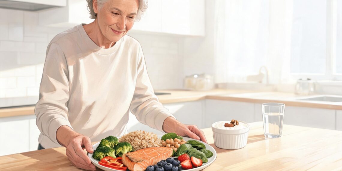 Una mujer mayor sonriente en una cocina luminosa sosteniendo un plato saludable con salmón a la plancha, brócoli, quinua, garbanzos, espinacas y frutos rojos.