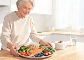 Una mujer mayor sonriente en una cocina luminosa sosteniendo un plato saludable con salmón a la plancha, brócoli, quinua, garbanzos, espinacas y frutos rojos.
