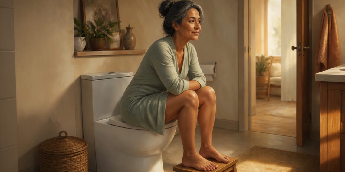 Mujer de mediana edad con cabello canoso recogido, sentada en el inodoro con los pies apoyados sobre un pequeño taburete de madera, practicando una posición ergonómica para mejorar la salud digestiva.
