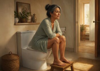 Mujer de mediana edad con cabello canoso recogido, sentada en el inodoro con los pies apoyados sobre un pequeño taburete de madera, practicando una posición ergonómica para mejorar la salud digestiva.