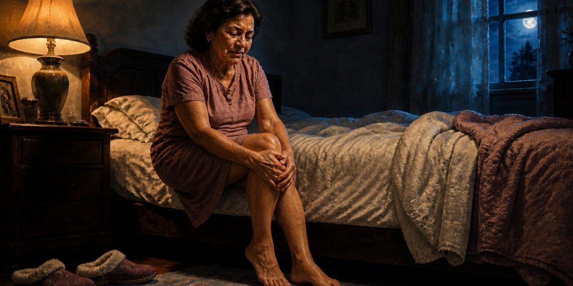 Mujer mayor sentada en el borde de la cama durante la noche mientras sostiene una rodilla con ambas manos.