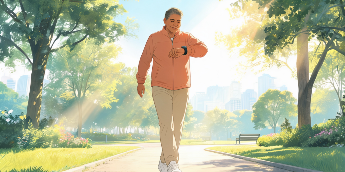 Un hombre mayor con chaqueta coral y pantalones beige camina por un sendero en un parque soleado mientras consulta su reloj inteligente.